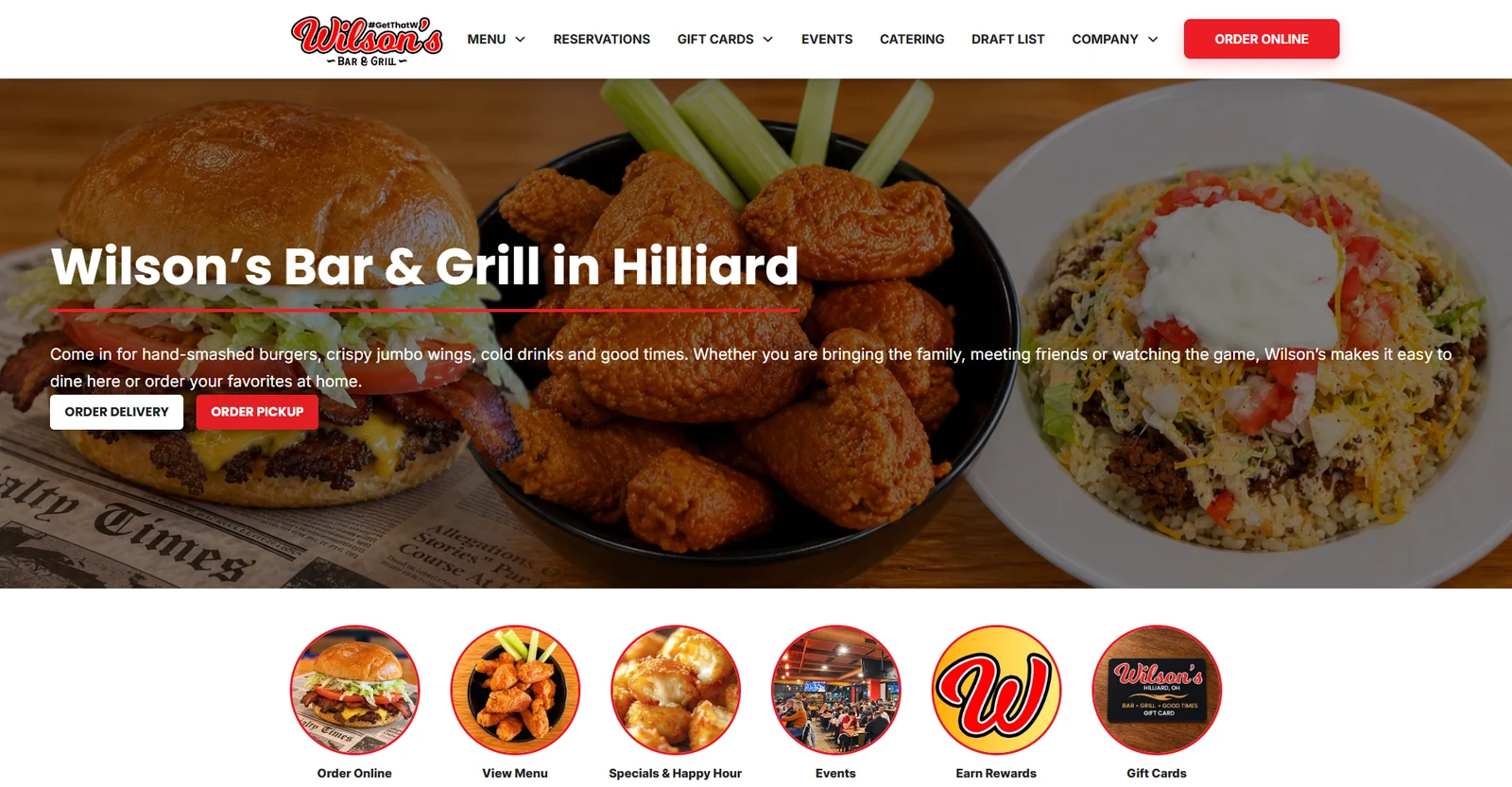 Wilson’s Bar & Grill website, featuring its food photography and clear paths to order delivery or pickup.